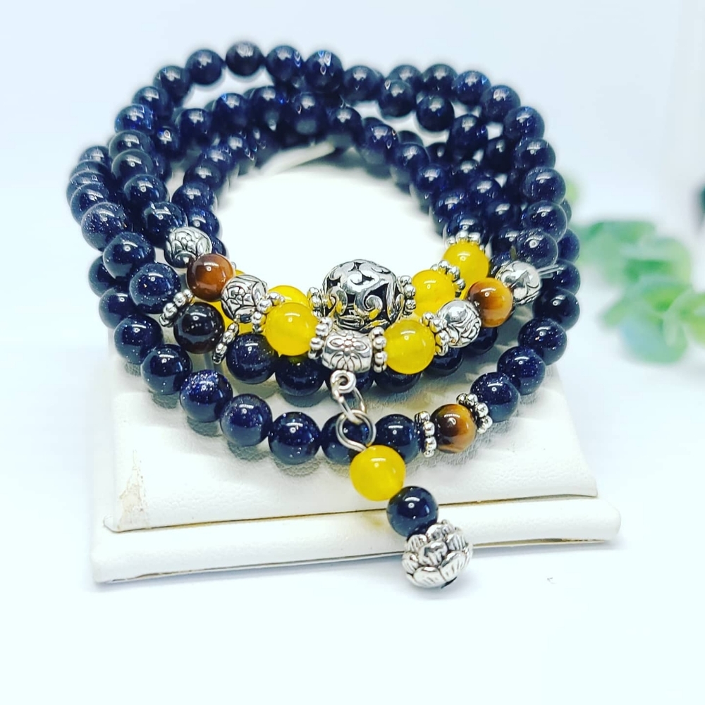 Blue Goldstone and Chalcedony Mala Bracelet